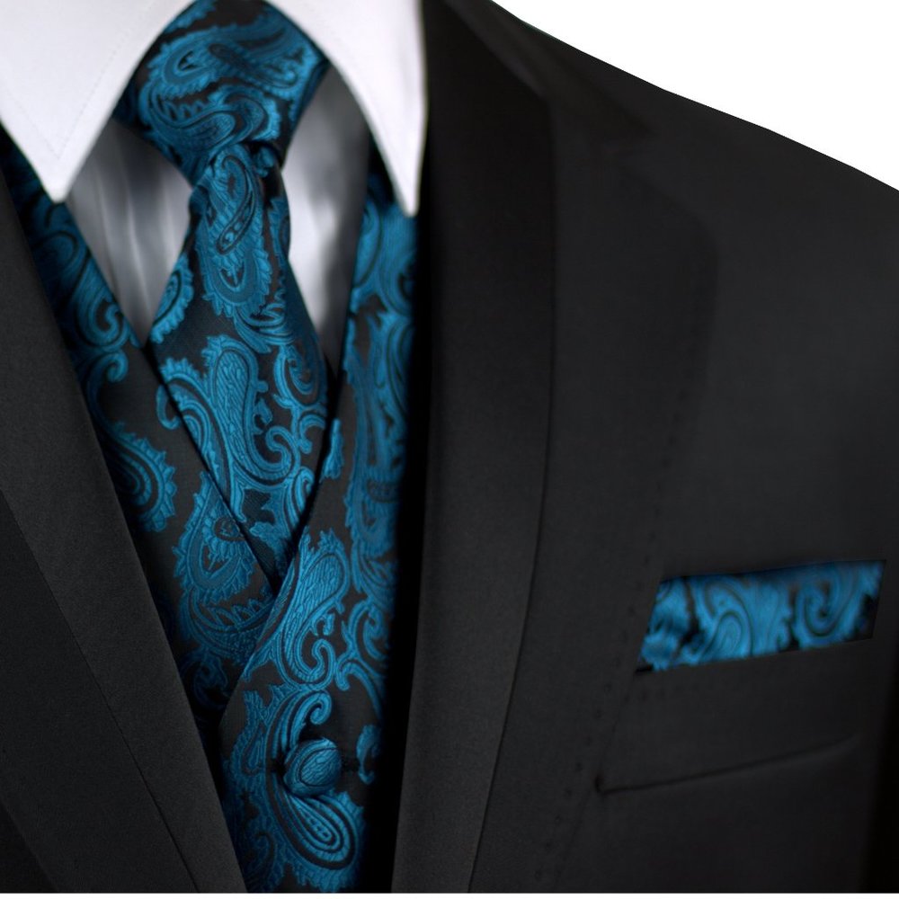 Men's Formal Wedding Prom Homecoming Tuxedo Vest Tie Hankie set - Serene Paisley